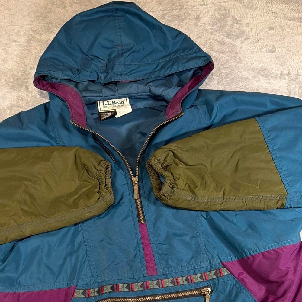 90s Vintage L.L.Bean Thinsulate 3M Hooded Anorak Jacket | Blue Colorblock | L